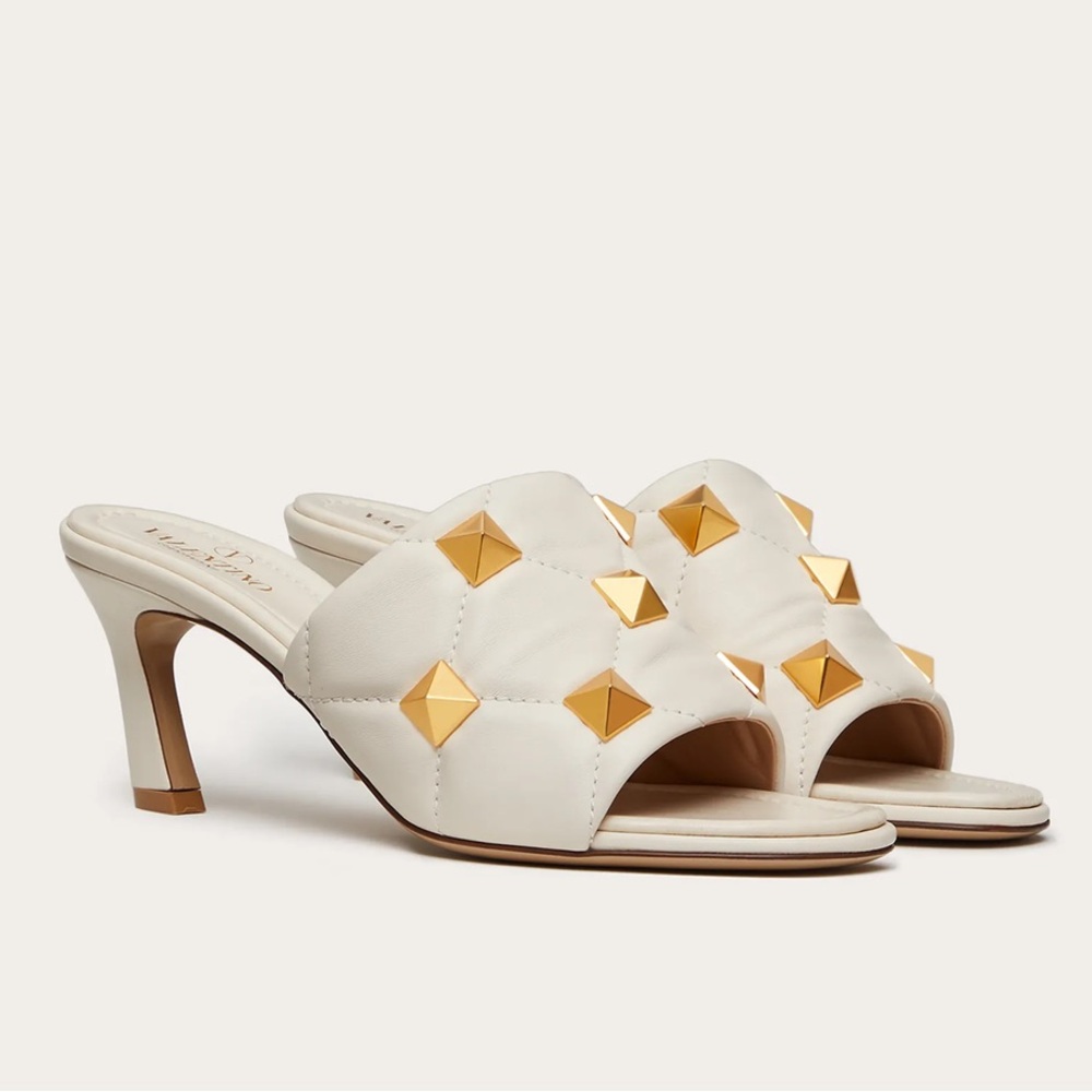 Valentino Ivory Nappa Quilted Roman Matelassé Rockstud Gold Studded Heel Sandals